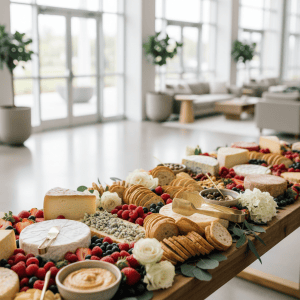 A close-up of a meticulously styled grazing table from a Northern Virginia event, featuring wooden boards overflowing with artisanal cheeses, fresh berries, sliced baguettes, and small ceramic bowls of dips. Elegant greenery and white floral accents weave between the platters, while refined, modern serving tongs rest neatly beside each section. The table sits in a bright, airy venue with floor-to-ceiling windows, allowing soft natural daylight to wash over the scene, creating gentle highlights on the glossy fruits and matte cheese rinds. Photographic realism, captured from a slightly elevated angle with a shallow depth of field, keeps the focus on the food while the background fades into a soft bokeh of neutral décor, conveying a sophisticated, abundant, and inviting mood.