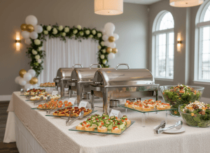 A long, elegantly set banquet table showcasing Northern Virginia catering, covered in a crisp ivory linen with a subtle texture. Polished glass platters display artfully arranged hors d’oeuvres, colorful seasonal salads, and neatly labeled chafing dishes without visible brand names. In the background, soft-focus reveals a modern event space with a neutral color palette, a simple floral backdrop, and understated balloon clusters framing the room. Warm, diffused overhead lighting and gentle window light create delicate reflections on the glassware and metallic serving utensils. Photographic realism, shot at eye level with a shallow depth of field, gives a sophisticated yet welcoming atmosphere, ideal for a website hero image about discovering local caterers and planning refined events.